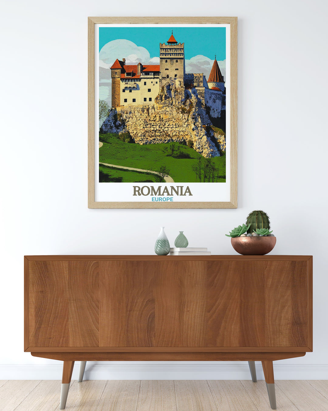 Bran Castle poster art featuring the majestic castle in Transylvania, Romania, known for its Dracula connection. The vintage style print brings the dramatic landscape and towering structure to life, perfect for adding character to any living space. A great gift for travel enthusiasts.