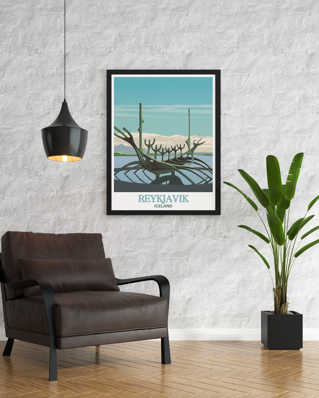 Sun Voyager travel poster capturing the essence of Reykjaviks artistic spirit, with the sculpture set against the vast, open skies of Iceland. This detailed wall print is perfect for modern decor and art collections.