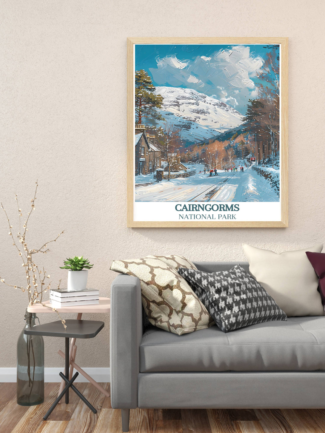 Cairngorm Mountain Travel Poster showcasing the iconic peak amidst the Cairngorms. Ideal for wall art and gifts, this print brings the natural splendor of Scotland into your home.