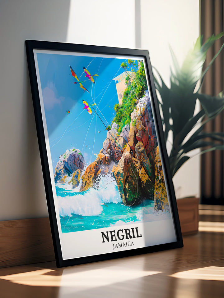 Caribbean retro travel posters featuring picturesque views of the Negril Coast and West End Cliffs. These art deco travel posters bring a vintage charm to your home decor, perfect for Caribbean travel lovers. Capture the timeless beauty of the Negril Coast with our retro travel posters that showcase the regions stunning landscapes.