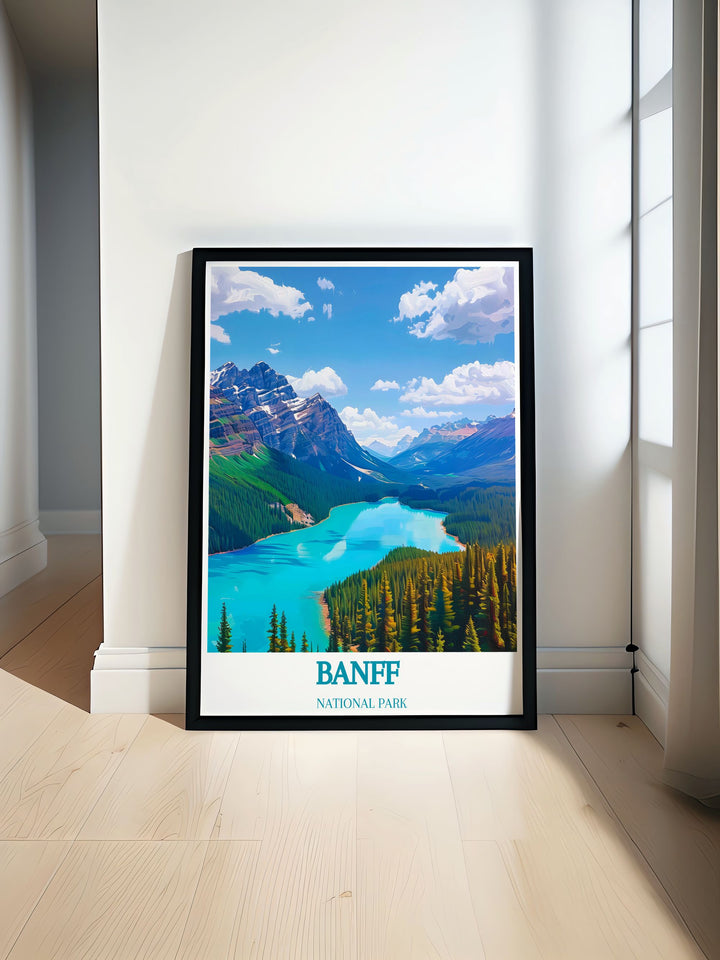 Peyto Lake art print vividly capturing the radiant turquoise waters surrounded by snow dusted Canadian Rockies, ideal for bringing a splash of natural color and tranquility into any home or office environment, enhancing decor with a serene, naturalistic touch.