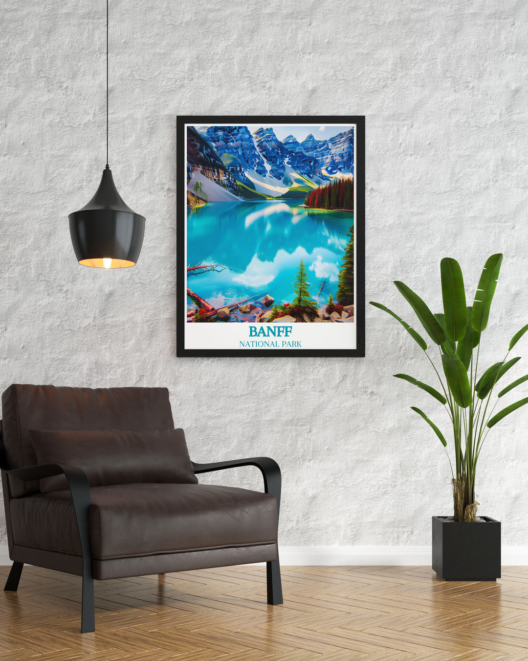 Canadian landscape poster highlighting the lush greenery and towering mountains of Banff, ideal for nature lovers and adventure seekers.