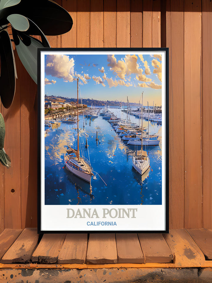 Celebrate the charm of California with this Dana Point Harbor print. Perfect for travel enthusiasts and art collectors this vintage poster brings the captivating scenery of Dana Point Harbor into your living space.