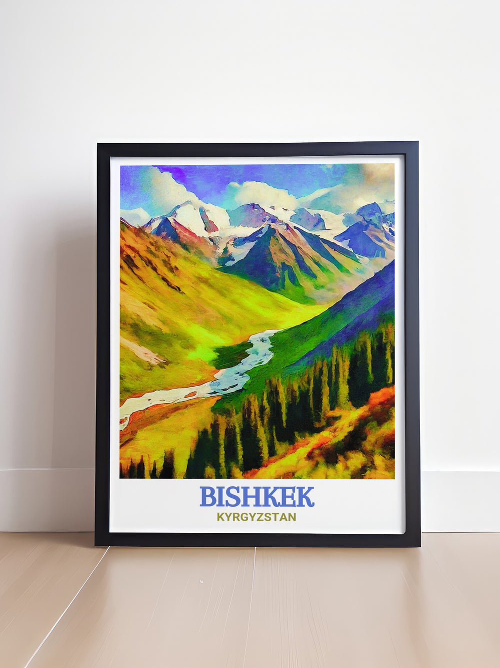 Bishkek Travel Poster presents the beautiful contrast between city life and nature in Kyrgyzstan. With Bishkeks modern buildings and Ala Archas wild landscapes, this print is a perfect reminder of Central Asias rich diversity and cultural heritage.