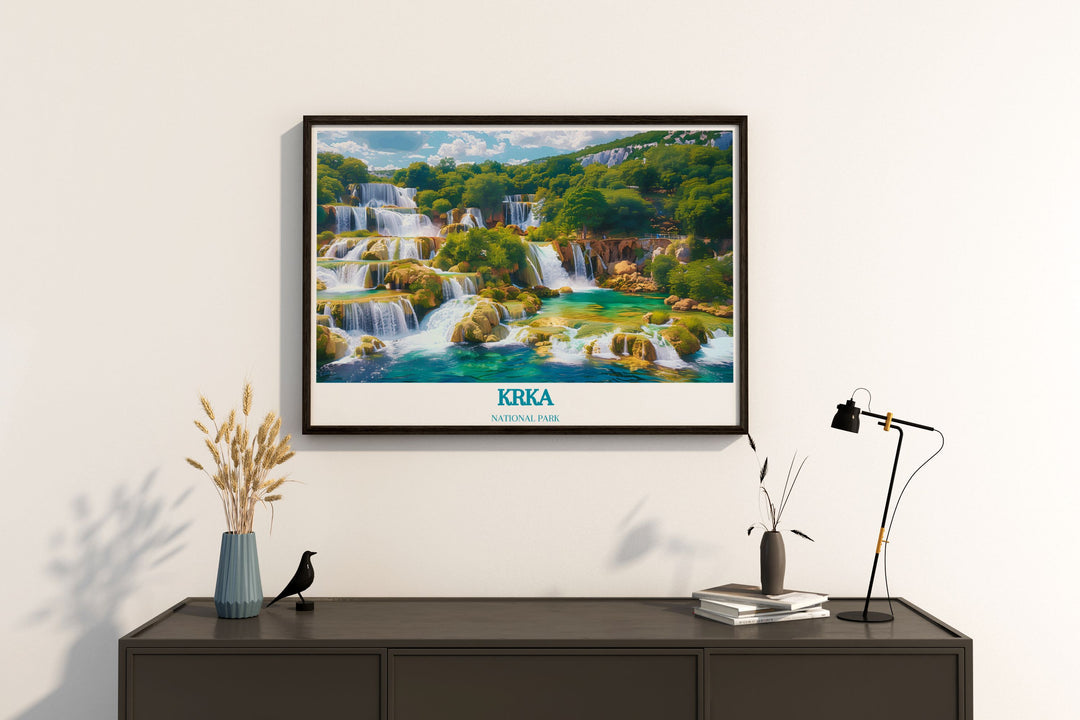 Stunning Krka Park poster art featuring Skradinski Buk Waterfalls providing a serene view of Croatias natural wonders