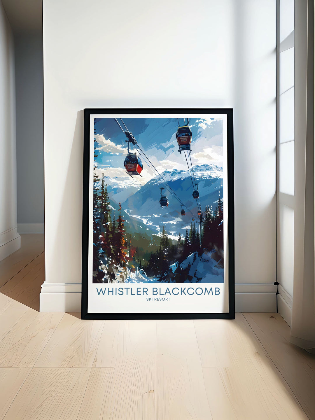 Whistler Blackcomb artwork featuring the Peak 2 Peak Gondola with breathtaking views of the Whistler Ski Resort in British Columbia BC. Perfect for winter sports enthusiasts and home decor lovers looking for stunning skiing and snowboarding wall art.