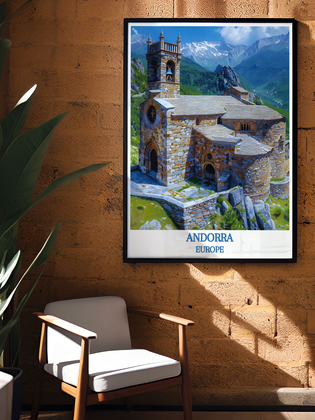 Travel poster of Andorras ski resorts, showcasing winter sports and mountain views around Sant Joan de Caselles Church.