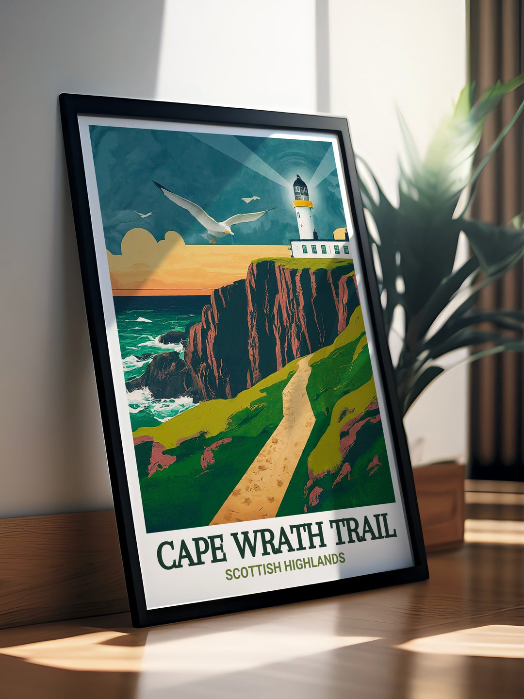 Cape Wrath Trail Poster Print captures the rugged beauty of Scotlands most remote hiking trail, featuring dramatic landscapes and the Cape Wrath Lighthouse. This artwork is ideal for nature lovers and adventurers who appreciate the untouched wilderness of the Highlands.