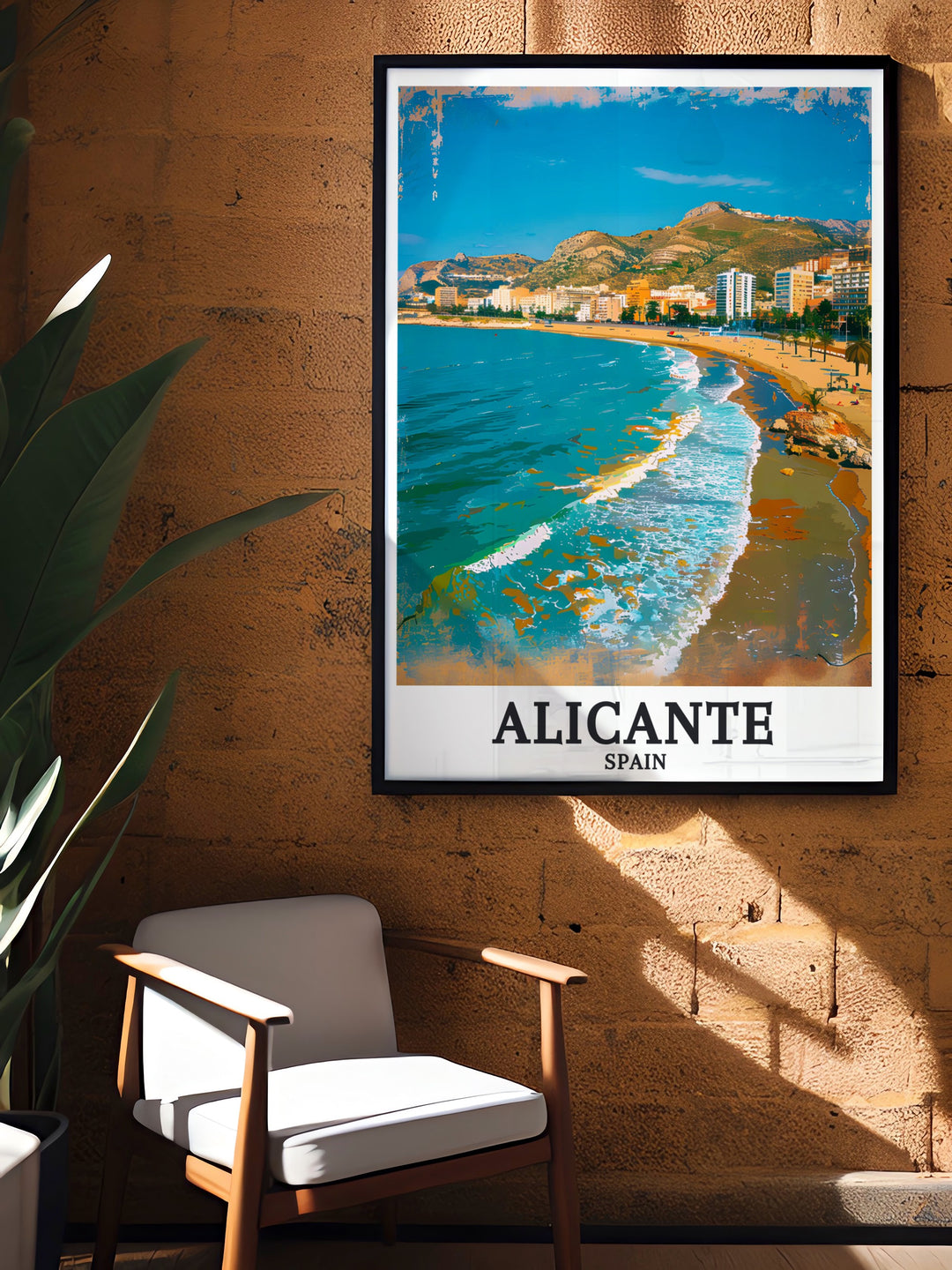 Elegant Alicante Decor showcasing the tranquil Playa de San Juan and Mediterranean Sea in a fine line print design ideal for creating a serene atmosphere in your living room bedroom or office