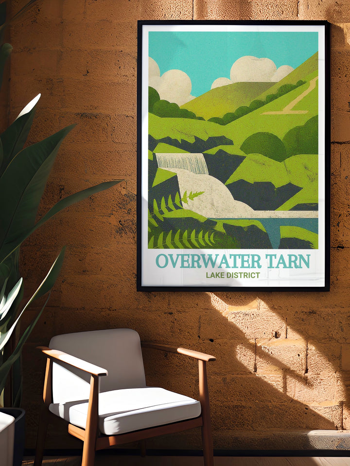 Overwater Tarn travel print capturing the serene beauty of Overwater Tarn and Dash Falls. This artwork showcases the tranquil waters and lush surroundings, perfect for home decor or as a gift for nature enthusiasts. A stunning piece celebrating Cumbrias landscapes.