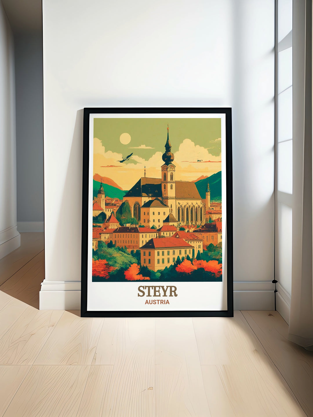 This Austria wall print captures the essence of Steyrs Stadtpfarrkirche, blending the churchs historical significance with modern art styles. A perfect piece for anyone looking to add a touch of Austrian elegance to their home decor.