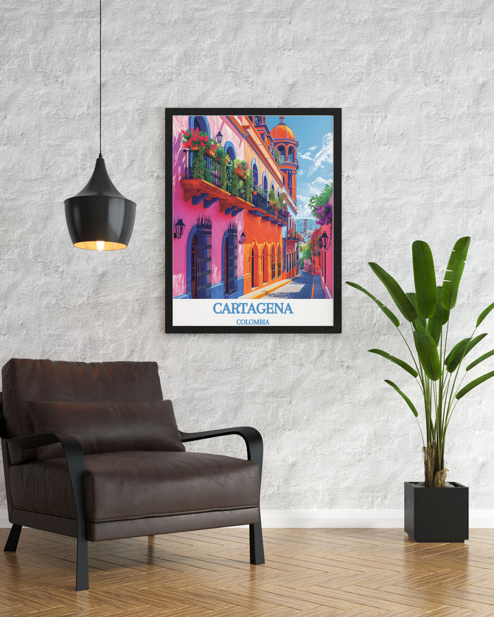 Highlighting the serene beauty of Cartagenas Caribbean beaches, this travel poster captures the pristine shoreline and vibrant marine life. Perfect for beach lovers and adventurers, this print adds a touch of tropical elegance to any room.