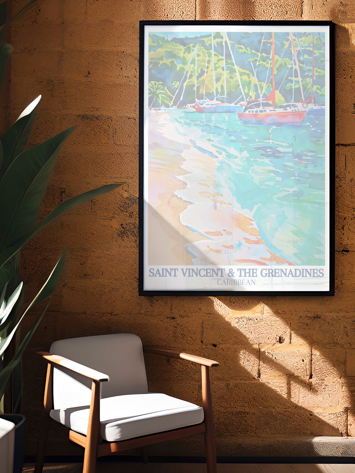 Bring the tropical charm of Saint Vincent & The Grenadines into your home with this vibrant travel print, featuring the stunning Caribbean Sea and the beautiful island landscape. A must have for anyone who loves Caribbean décor and island inspired art.