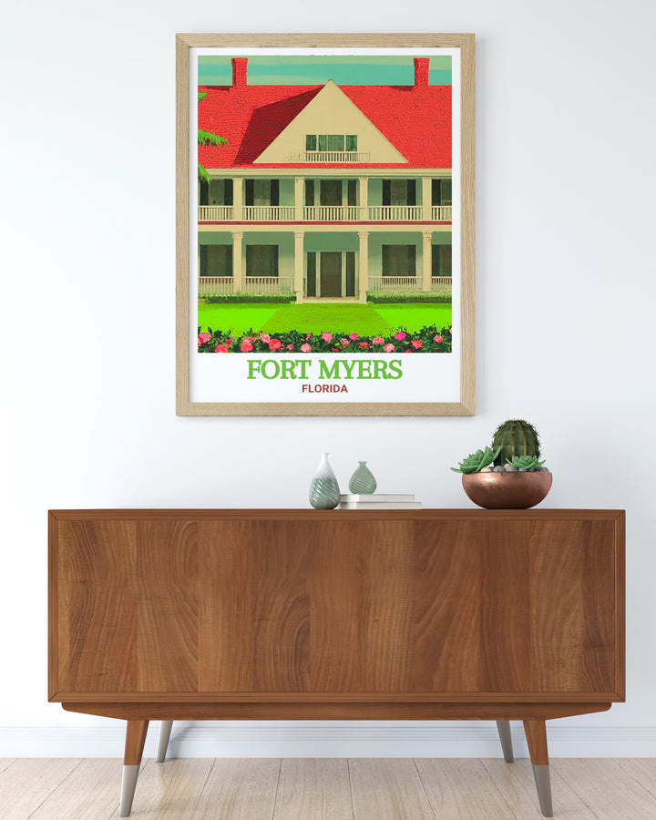 Edison & Ford Winter Estates scenic print capturing the stunning gardens and historical buildings of Fort Myers. This artwork celebrates the beauty of the estates, making it an ideal piece for enhancing home decor with Floridas rich history.