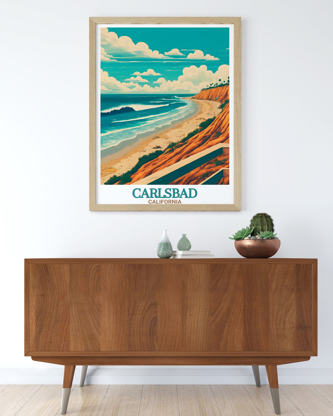 This Carlsbad State Beach travel print brings the beauty of Californias beaches to life. Ideal as a unique gift or for personal use, this poster is a reminder of Carlsbads relaxed beach town atmosphere and its gorgeous Pacific coastline.