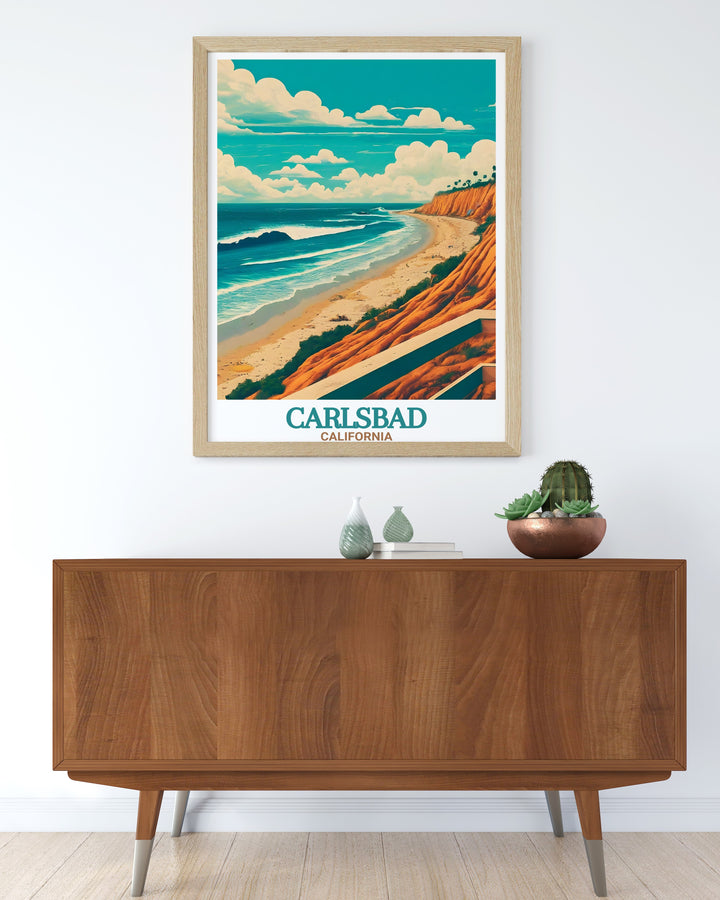 This Carlsbad State Beach travel print brings the beauty of Californias beaches to life. Ideal as a unique gift or for personal use, this poster is a reminder of Carlsbads relaxed beach town atmosphere and its gorgeous Pacific coastline.