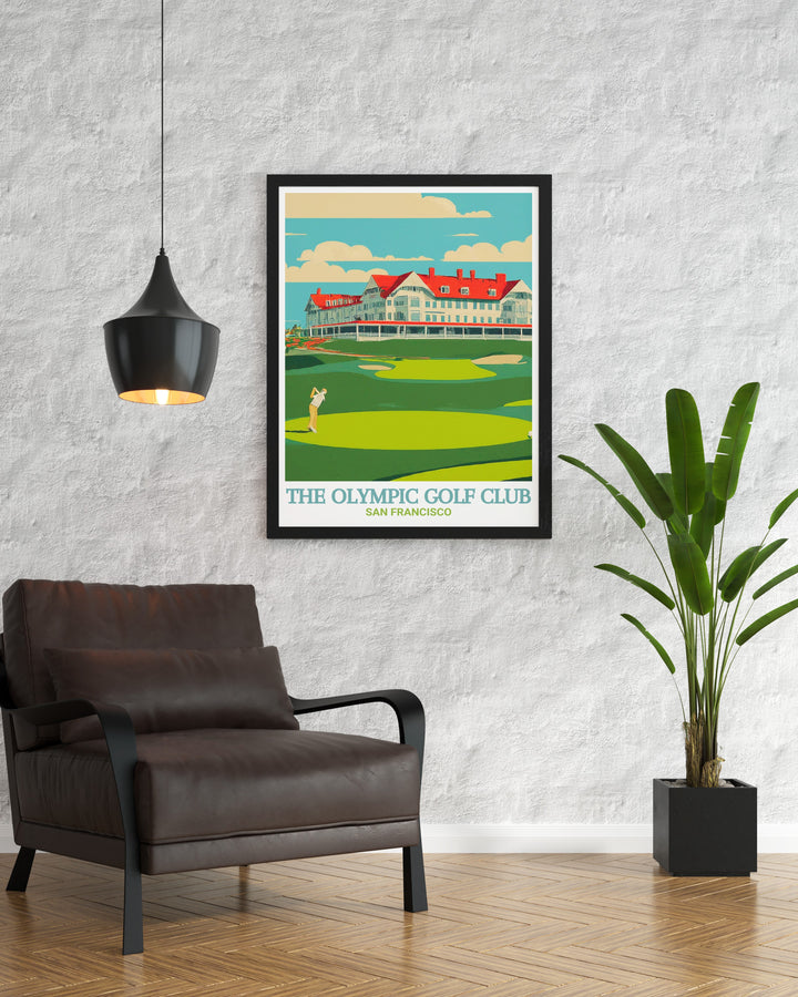 Capture the essence of San Franciscos Olympic Club with this decor print, showcasing the legendary Olympic Golf Club. The artwork highlights the courses strategic design and natural beauty, making it a must have for golf lovers and history enthusiasts alike