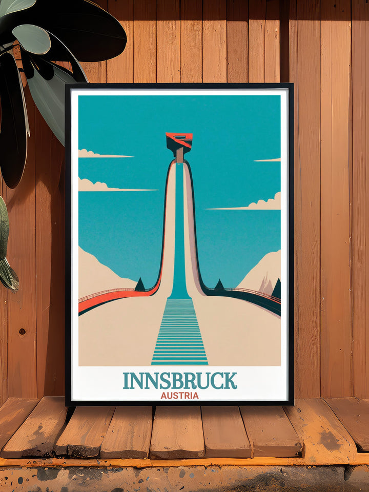 This Austria travel print combines Innsbrucks cultural allure and the thrill of the Bergisel Ski Jump. Perfect for adventurers and winter sports lovers, this poster adds a touch of the Alps to your space.