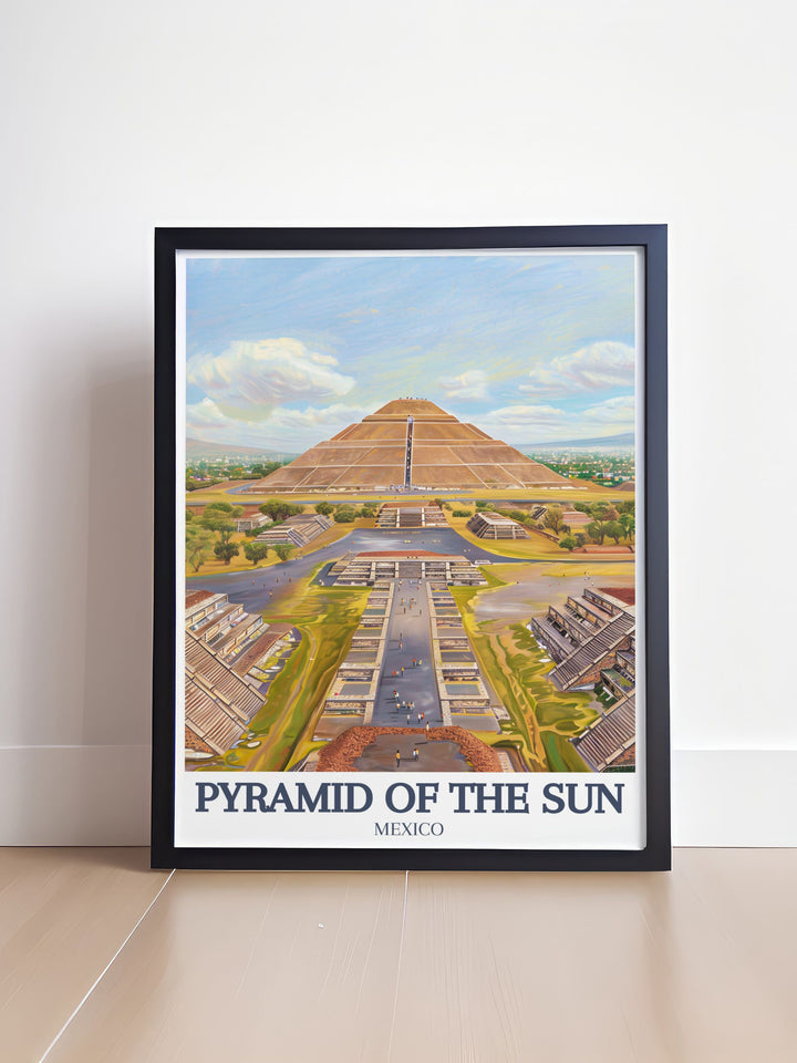 Stunning living room decor featuring the Sun Pyramid at Teotihuacan, Teotihuacan Avenue of the Dead a perfect addition for those who appreciate the rich cultural heritage of Mexico and want to bring it into their modern home.