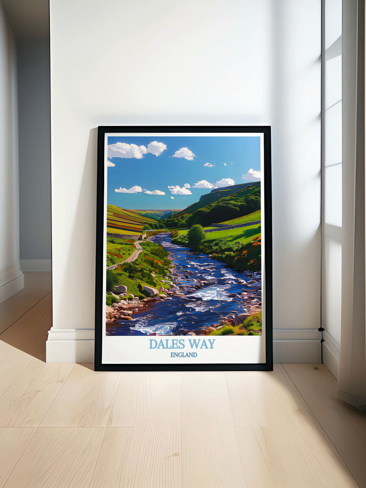 Travel poster featuring the scenic beauty of Wharfedale, with rolling hills and the tranquil River Wharfe, ideal for countryside lovers.