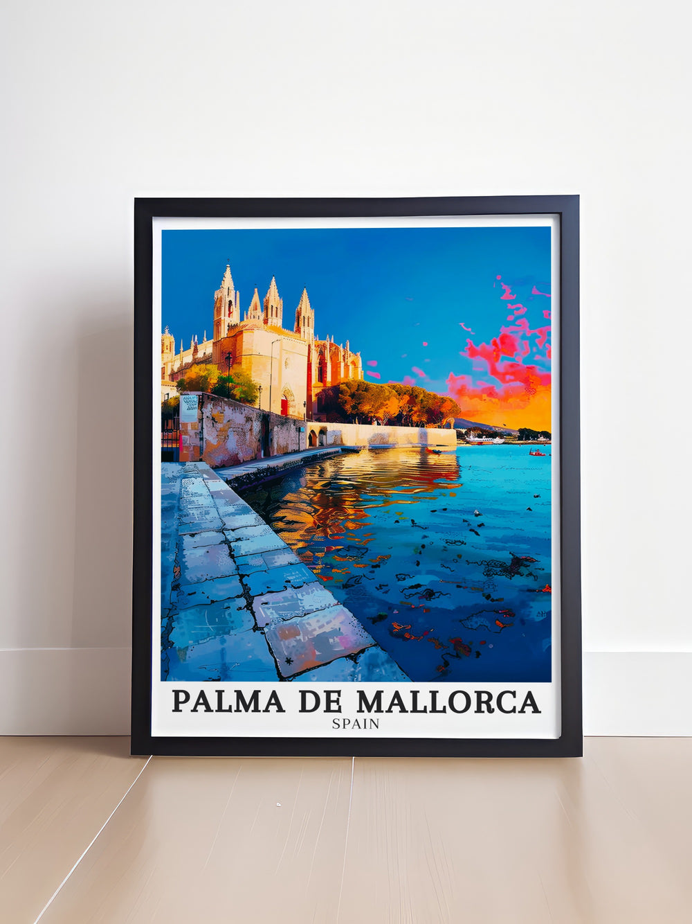 Beautiful Spain wall print capturing the architectural splendor of La Seu Cathedral and the bustling energy of Plaza de la Seu. The detailed artwork brings to life the historic and modern attractions of Palma de Mallorca, perfect for adding a touch of Spain to any room