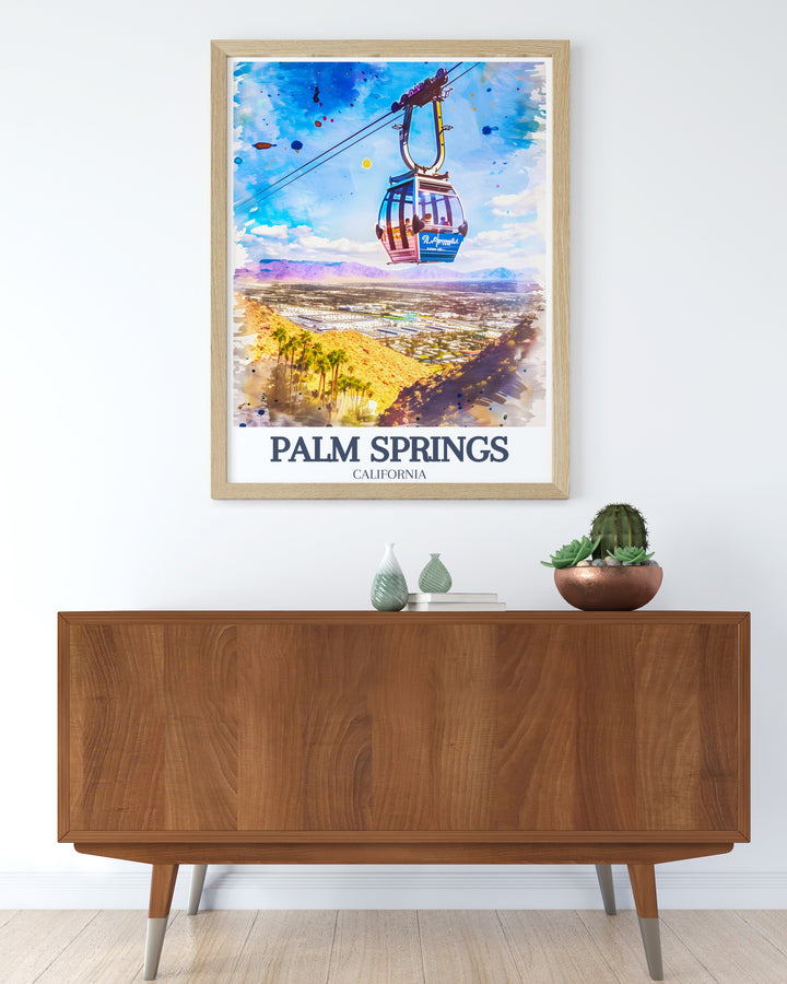 Palm Springs Aerial Tramway Travel Print capturing the thrilling ascent from the desert to the mountains. This canvas art beautifully pairs with the expansive Coachella Valley in the background, making it a perfect piece for travel enthusiasts and California decor fans.