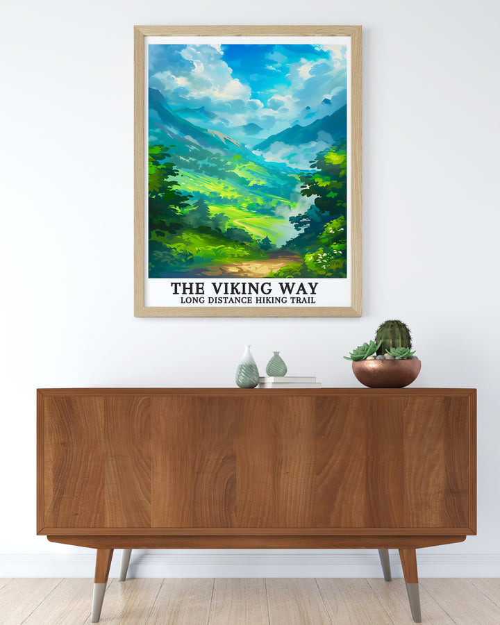 The Viking Way Trail wall art from Lincolnshire, showcasing the lush greenery and diverse landscapes of Trolltinden mountain peaks. This fine art print is a perfect piece for any nature lovers collection, with high quality printing ensuring lasting vibrancy and detail.