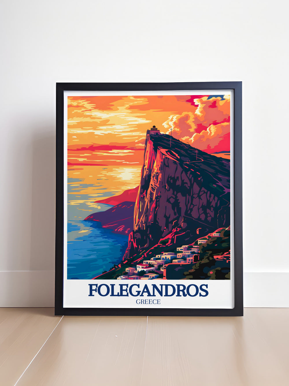 Chora vintage poster showcasing the traditional beauty of Folegandros main village. This detailed art print is a great gift for those who cherish the charm of Greek island life and the timeless appeal of Cycladic architecture.