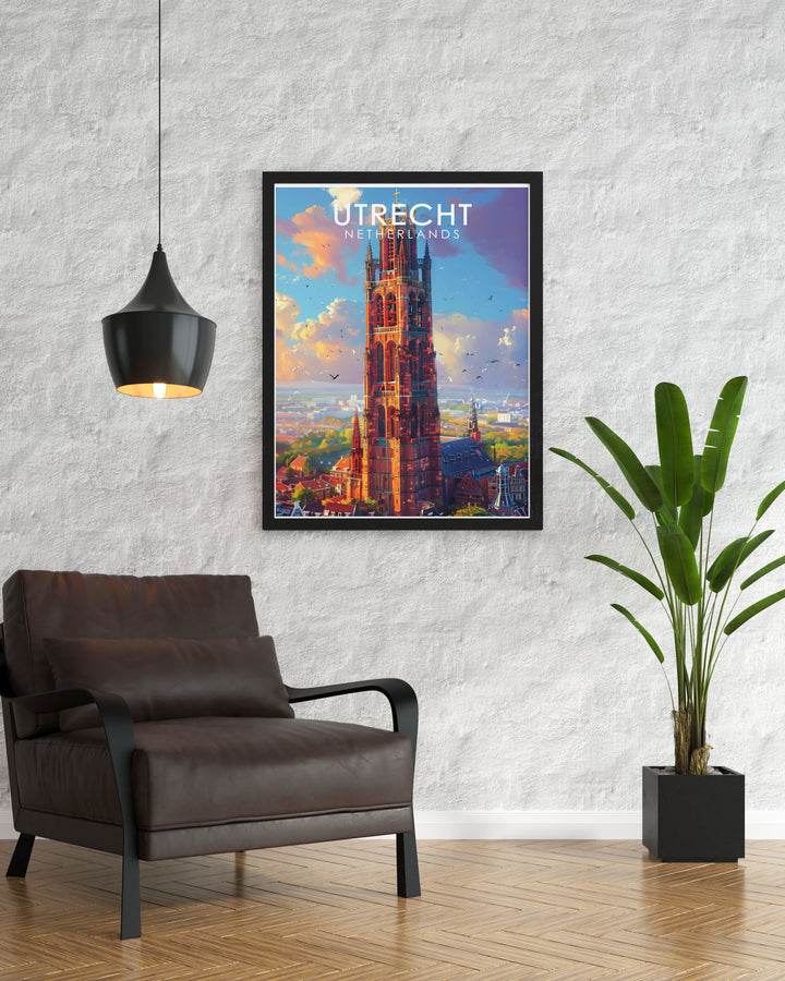 This travel print of Utrechts Dom Tower is a must have for anyone who appreciates European architecture. The intricate details of the towers design are captured beautifully in this high quality poster.