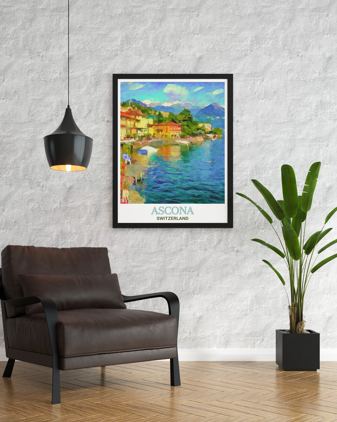 Switzerland travel poster featuring a stunning view of the Promenade Lungolago in Ascona, framed by Lake Maggiore. This piece offers an artistic portrayal of Asconas unique blend of nature and culture, ideal for those looking to enhance their decor with Swiss elegance.