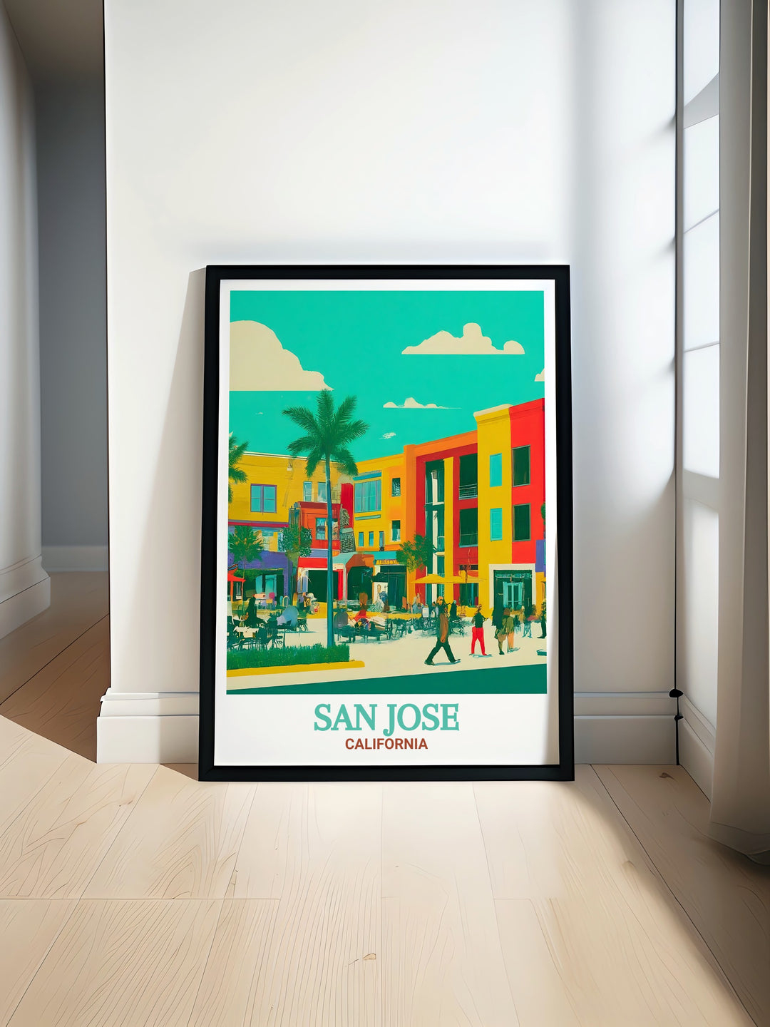 Framed art print depicting Santana Rows upscale boutiques and inviting streetscape, making it a stylish addition to any room. Celebrate the vibrant energy of San Joses premier shopping and dining district with this elegant piece.