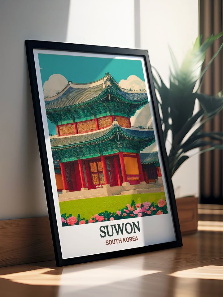 A detailed canvas print of Hwaseong Haenggung Palace, one of Suwons most iconic landmarks. This South Korea wall art is perfect for those who love history and want to bring the elegance of Korean architecture into their living space.