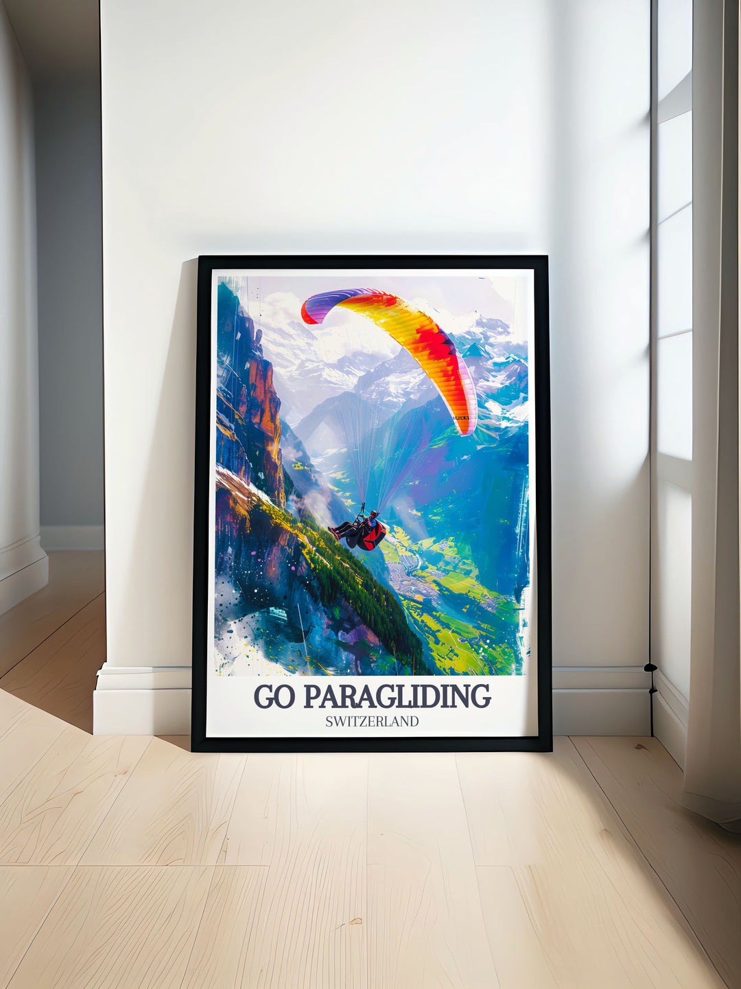 Canvas art of paragliding in the Swiss Alps, highlighting the vibrant skies and dynamic landscapes of Interlaken. Ideal for adding a touch of excitement to any room.
