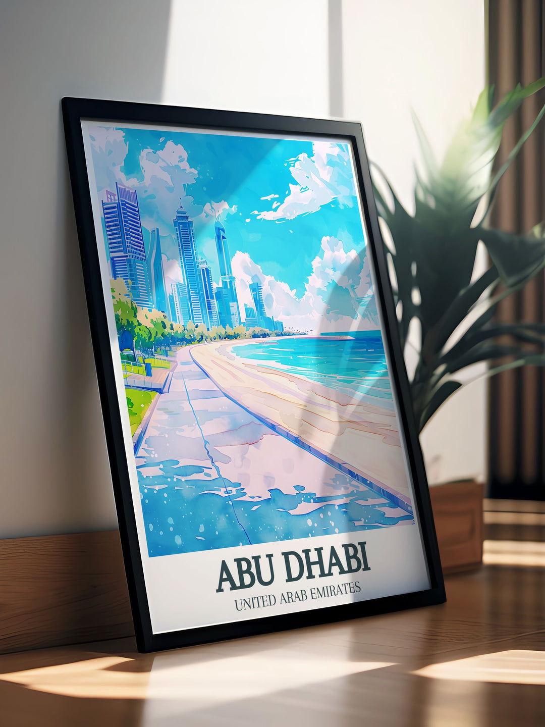 Striking poster featuring Abu Dhabi Corniche and Corniche beach. This print captures the charm of the waterfront and is ideal for adding a touch of elegance to your home decor. A wonderful gift for lovers of the United Emirates
