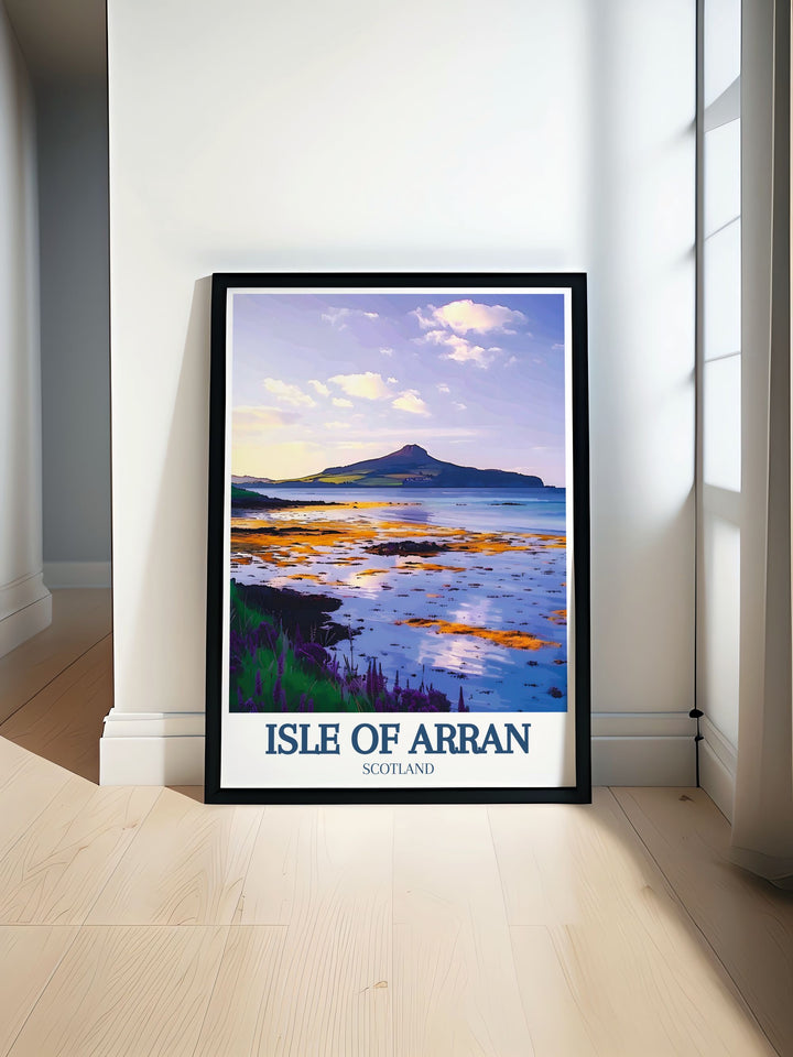 A stunning wall art piece showcasing Blackwaterfoot Beach during the golden hour. The vibrant hues and serene atmosphere invite viewers to experience the magic of the Isle of Arran, making it a perfect addition to any decor.