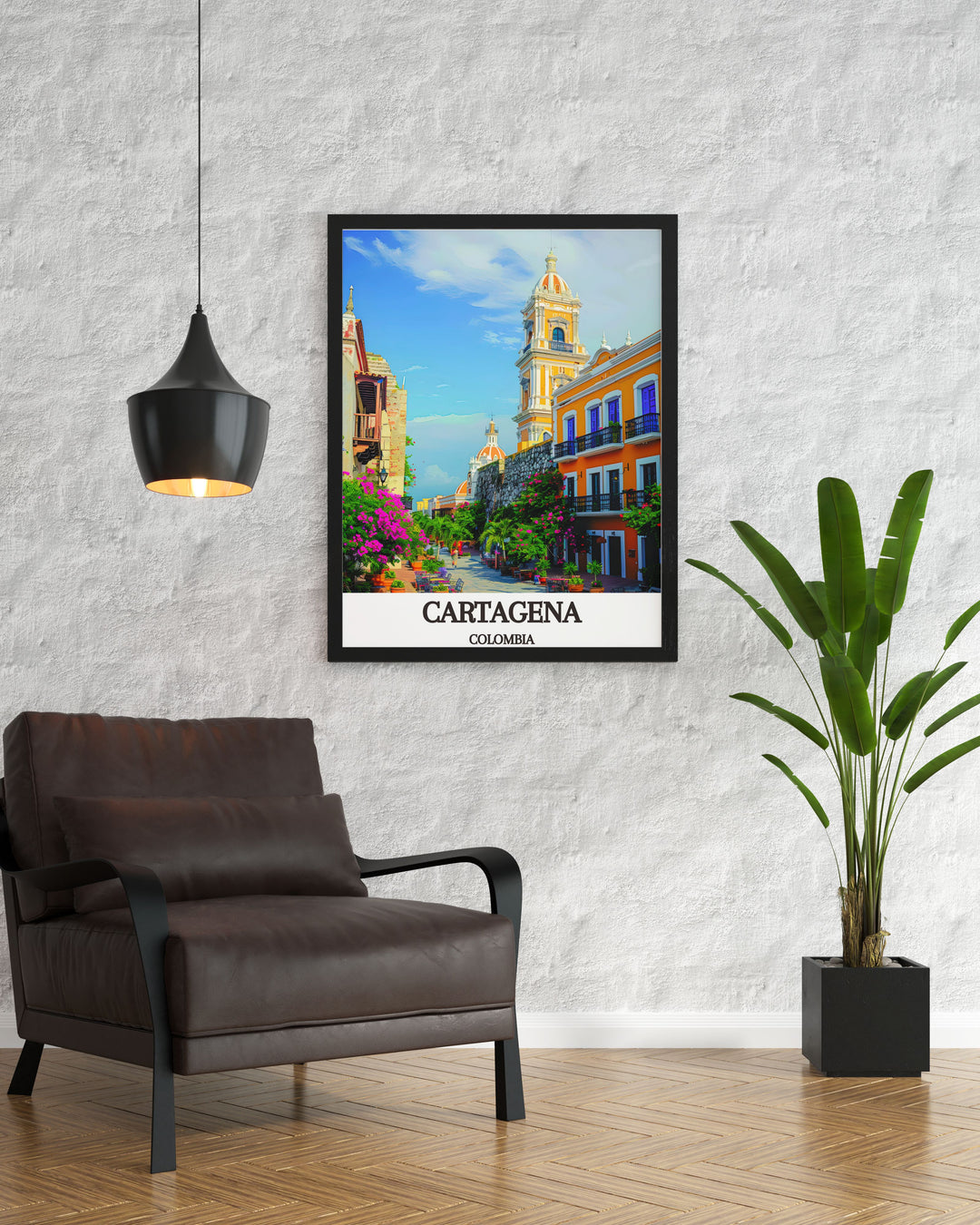 Highlighting the serene beauty of Cartagenas Caribbean beaches, this travel poster captures the pristine shoreline and vibrant marine life. Perfect for beach lovers and adventurers, this print adds a touch of tropical elegance to any room.