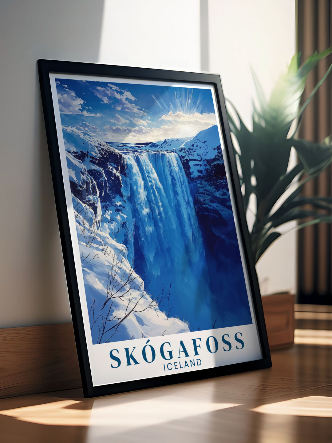 Skogafoss waterfall Winter artwork capturing the majestic beauty of Icelands iconic landmark making it a standout piece in any room and a beautiful reminder of Icelands natural wonders.