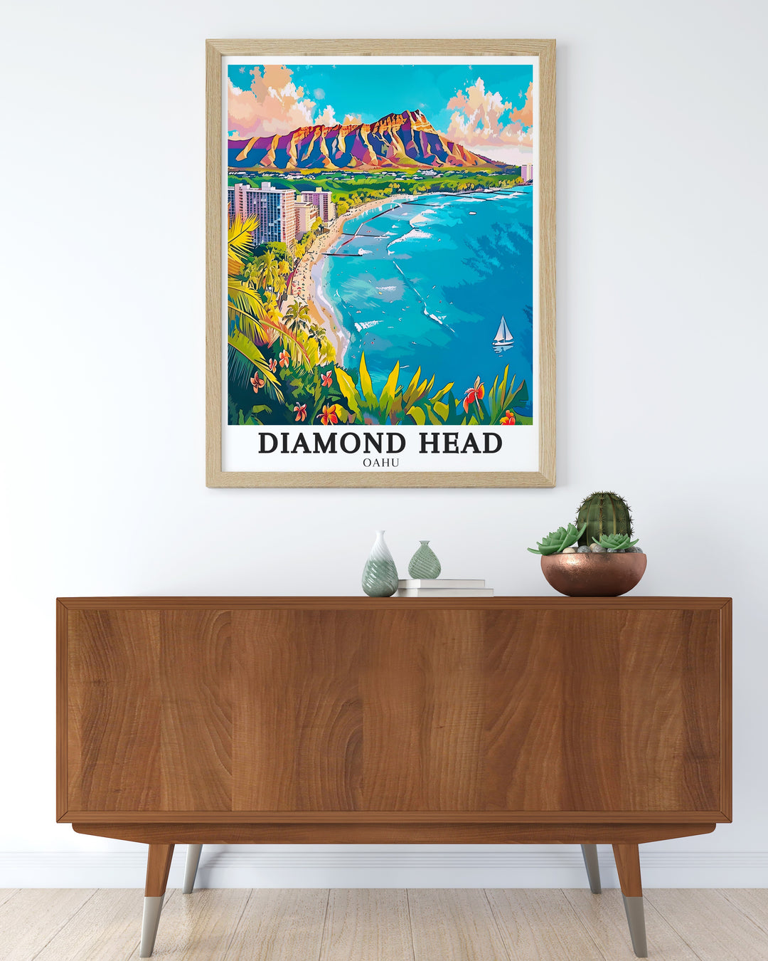 Our framed art showcases Diamond Heads volcanic grandeur as it overlooks the calm shores of Waikiki Beach. This piece brings together Hawaiis natural history and coastal beauty in one artwork, offering a unique and elegant way to decorate your living space with a tropical theme.