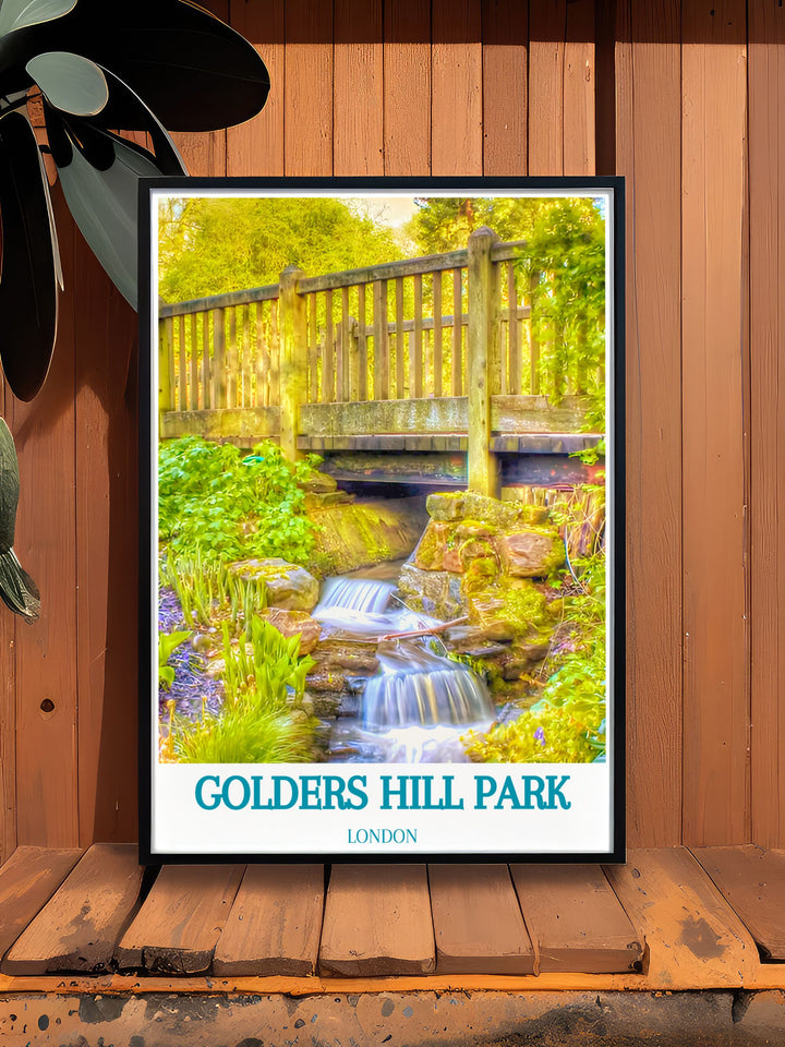 Vintage poster of Golders Hill Park, capturing the timeless beauty of its gardens and the serene Water Gardens, ideal for nostalgic decor lovers.