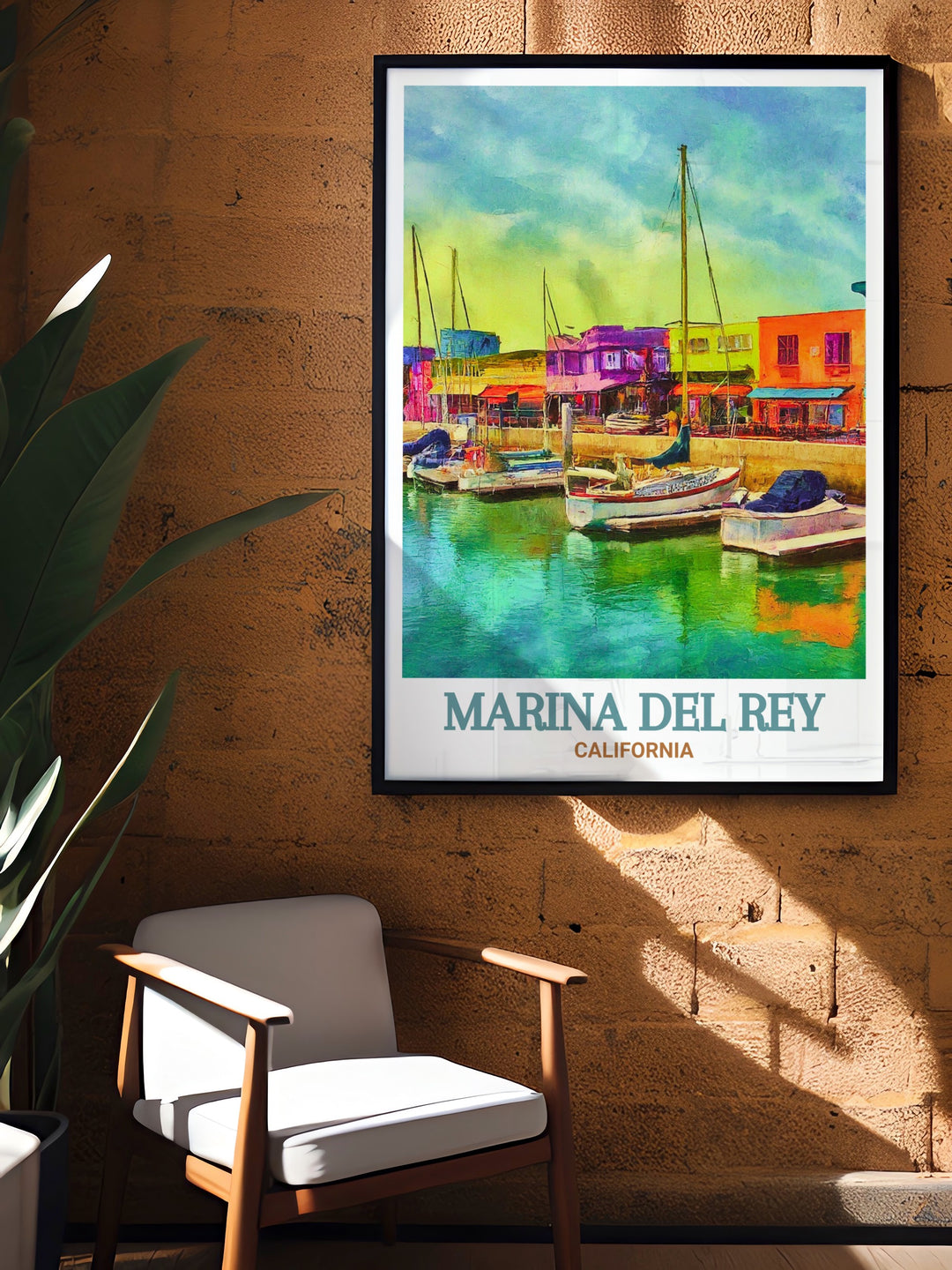 Vibrant Marina del Rey art print with detailed city map and fine line artwork. Fishermans Village brings a serene touch to this colorful decor piece ideal for any room in your home and a great choice for gifts on birthdays anniversaries or holidays.