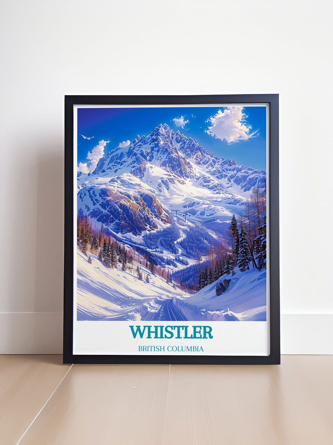 Beautiful home decor print capturing the vibrant charm of Whistler Village at the base of Whistler Blackcomb. This artwork brings the lively atmosphere and picturesque surroundings into any room, ideal for travel lovers.