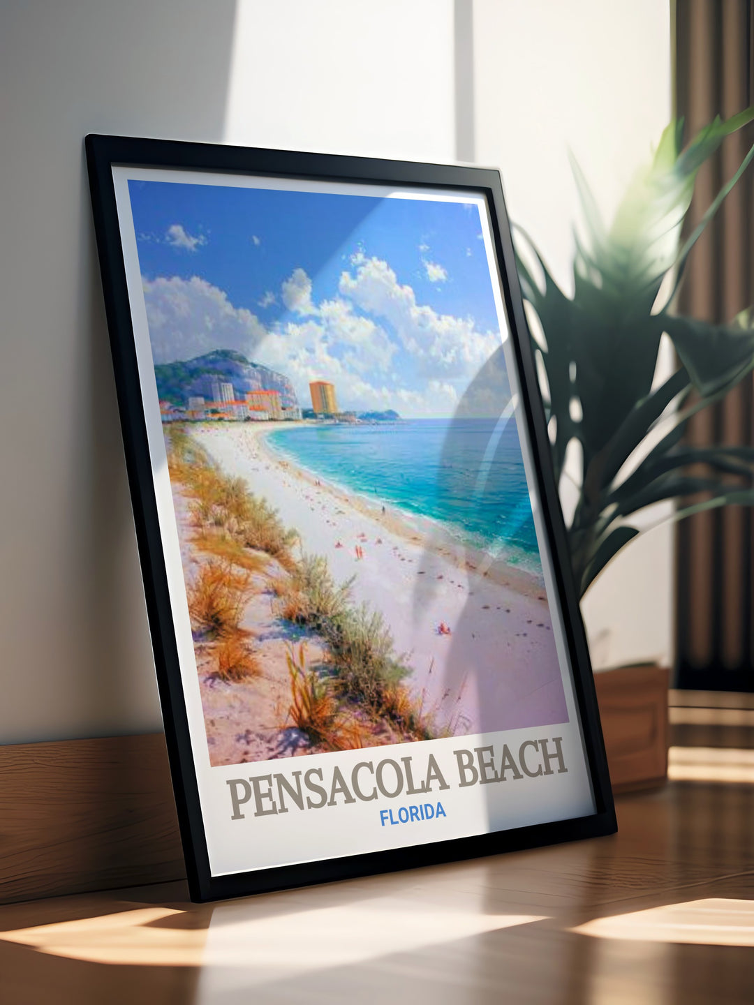 Florida travel poster featuring the picturesque Casino Beach at Pensacola Beach. Ideal for adding a touch of Floridas charm to your decor. This print captures the essence of the scenic coastal landmark.