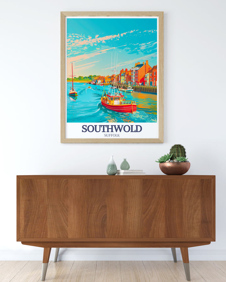 Artistic Framed Print of Southwold Beach Huts with the North Sea Southwold Harbor in the background. This print adds a touch of elegance and nostalgia to any room. Perfect for seaside enthusiasts and art lovers alike.