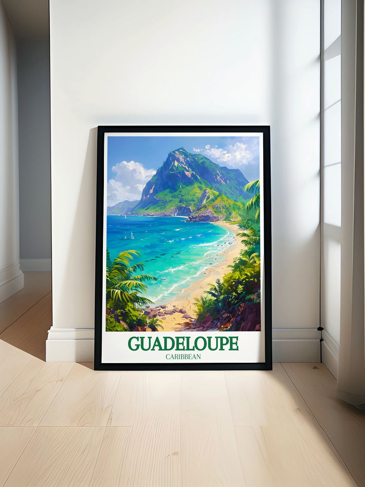 The captivating La Soufrière Volcano in Guadeloupe is highlighted in this travel poster, capturing its majestic presence and lush surroundings. Perfect for adventurers, this artwork brings a piece of the Caribbeans natural beauty into your home.