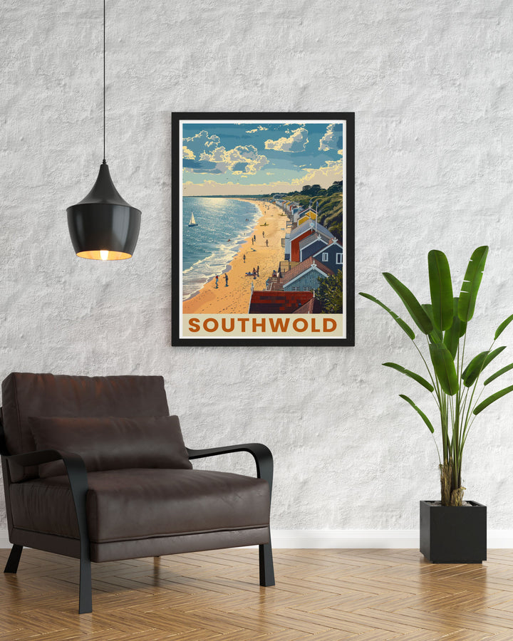 Southwold Poster highlighting the beach and beach huts with the picturesque Southwold Lighthouse and pier perfect for creating a serene atmosphere in your home and making a unique gift for seaside lovers