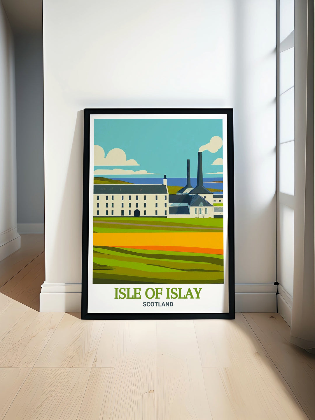 A canvas art piece that showcases the stunning landscape of the Isle of Islay, with Laphroaig Distillery as the focal point. The artwork captures the serene beauty of Scotlands whisky country, making it a perfect addition to any room.