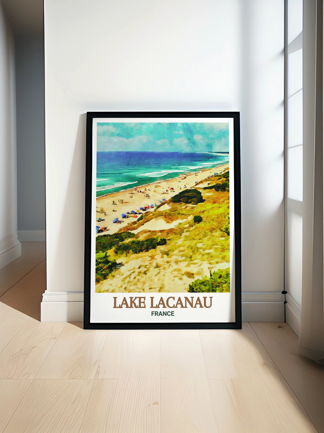 Featuring Lake Lacanau and the famous Lacanau Beach, this travel print offers a glimpse of Frances natural beauty. The rich greenery and calm waters are captured in detail, making it an ideal piece for anyone who loves French landscapes and travel art.