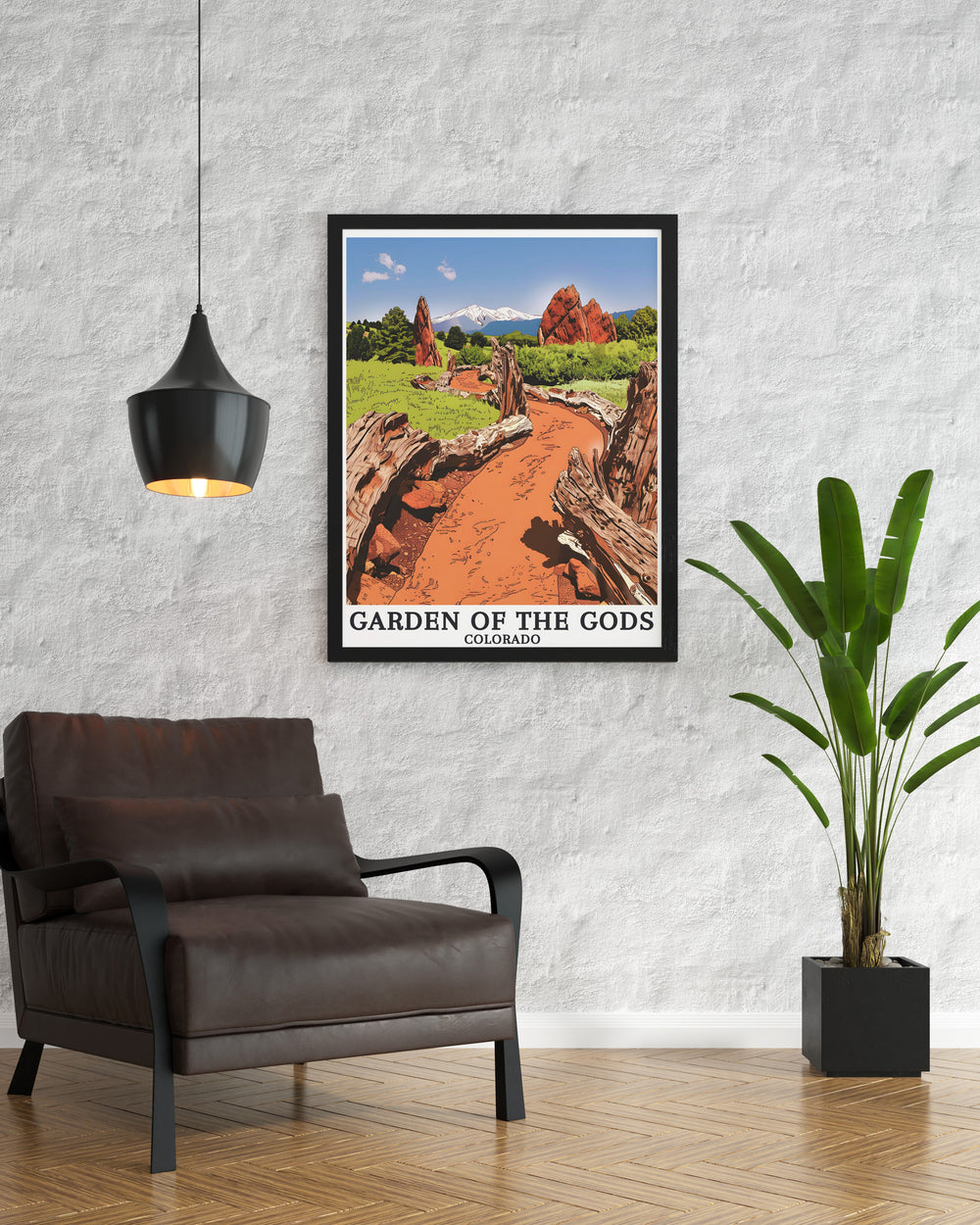 Gardens Gods Print and Mount Evans Climbers artwork celebrating the awe inspiring rock formations of Colorado featuring bold colors and stunning vistas perfect for those looking to add Colorado wall art to their collection of travel inspired decor or gifts.