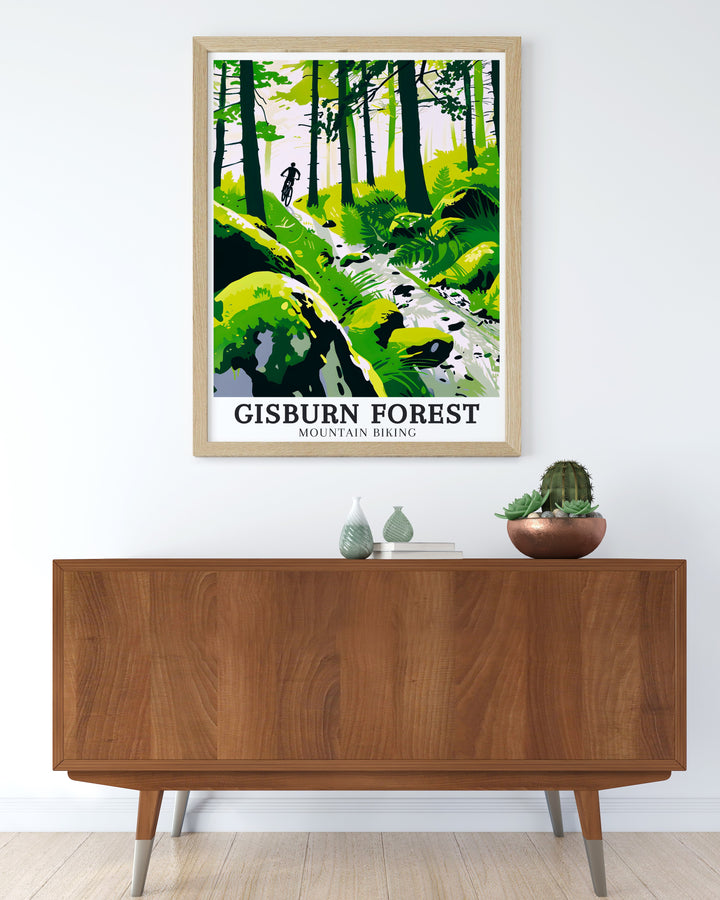 Stunning Mountain Bike Poster depicting the adventure of MTB trails in Gisburn Forest Blue Route ideal for decorating any space with bold colors and exciting scenes from the Forest of Bowland