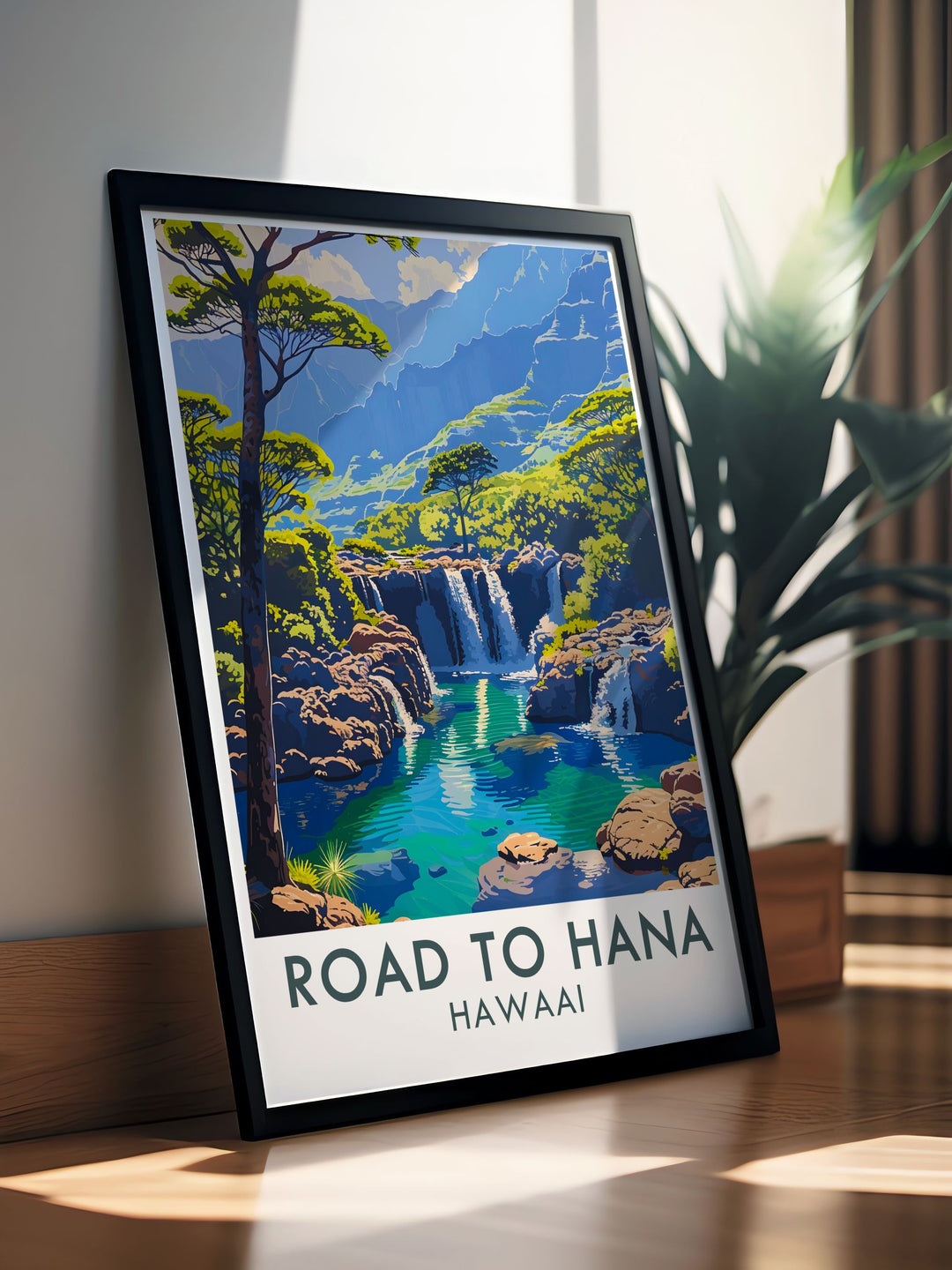 Elegant home decor with Hawaii Travel Posters that highlight the enchanting Sacred Pools and the picturesque Road to Hana adding a touch of paradise to any space and inspiring wanderlust